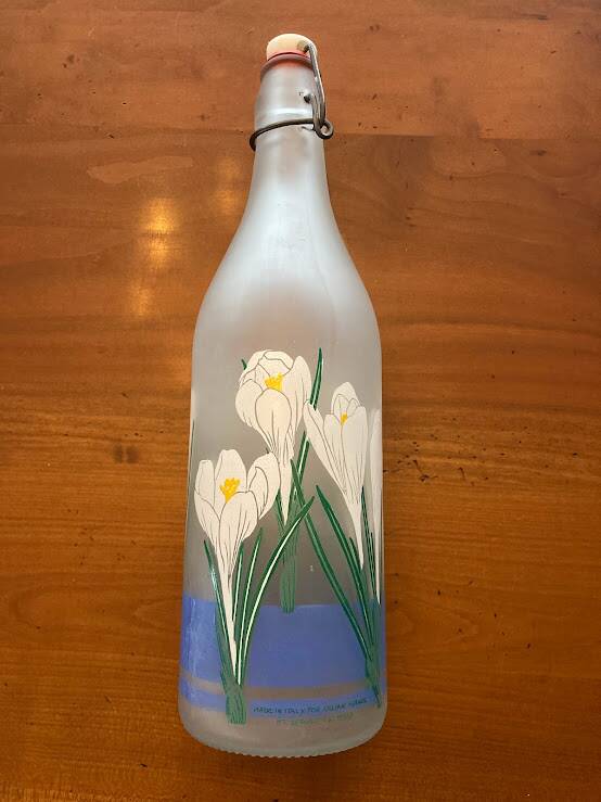 Frosted glass bottle, crocus design, LilLian Vernon