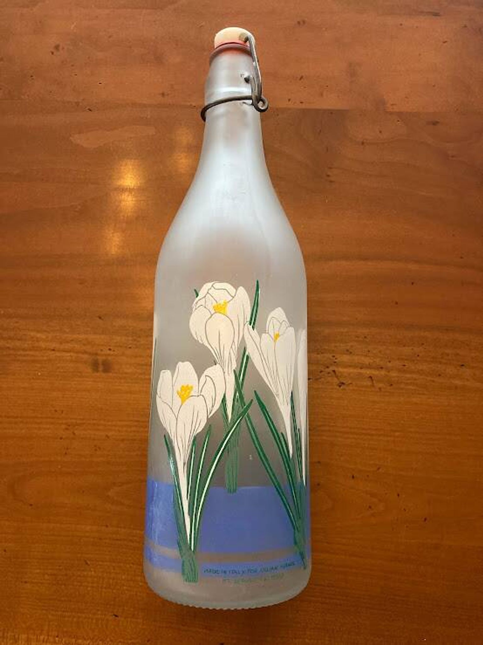 Frosted glass bottle, crocus design, LilLian Vernon