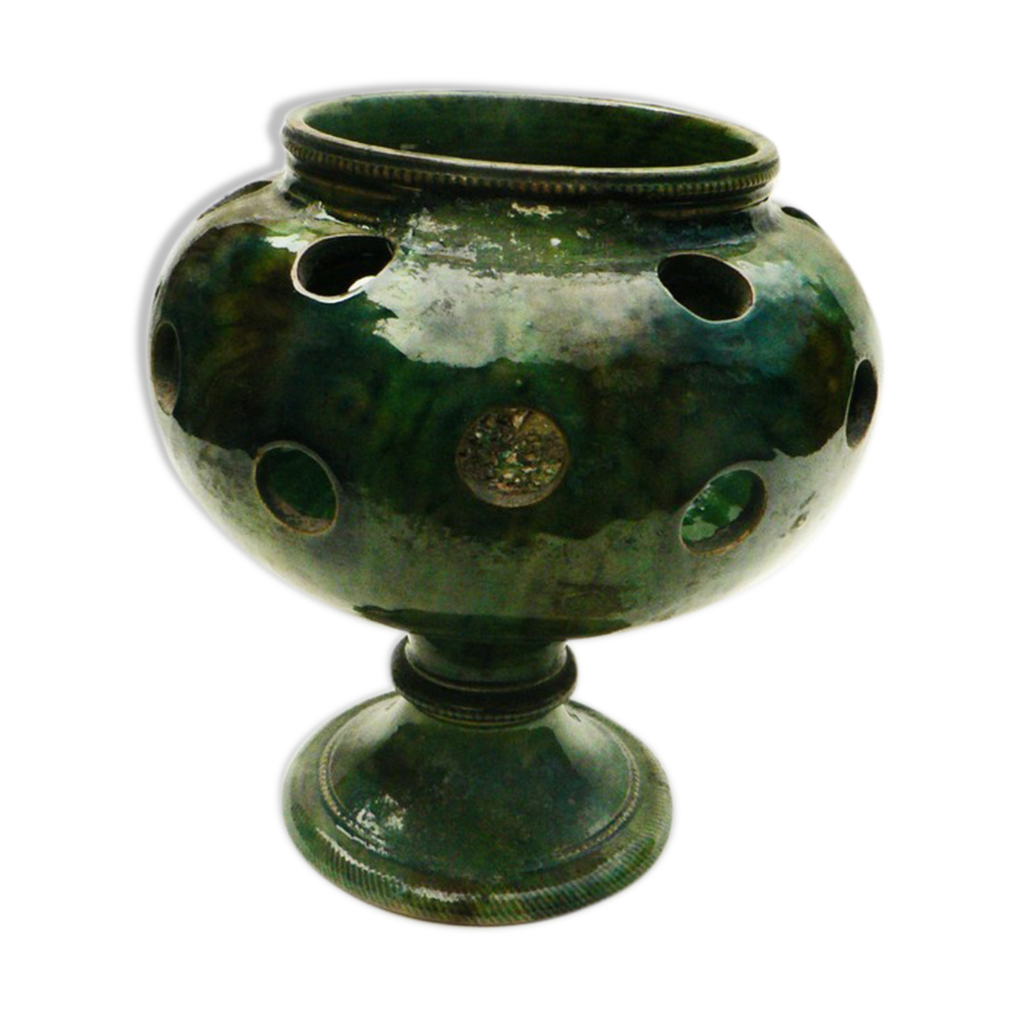 details on old bulb pot in glazed earthenware