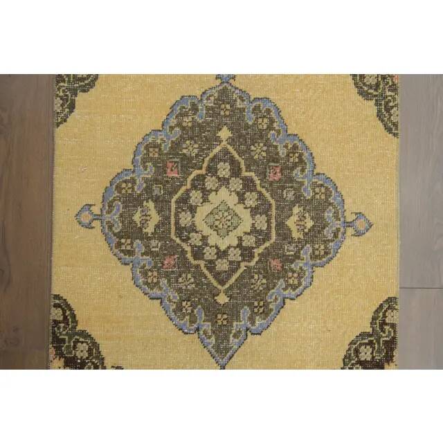 1970s Vintage Turkish Hand-Knotted Wool Cotton Yellow Runner Rug  74x383