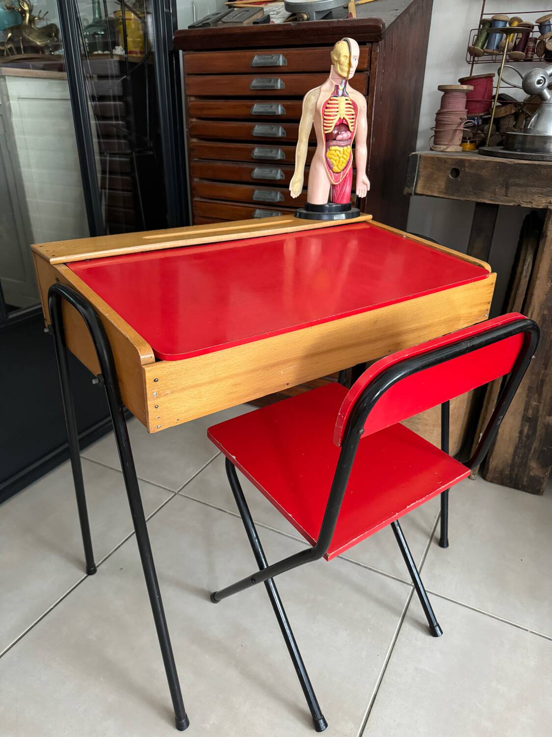 Vintage red children's desk and chair set
