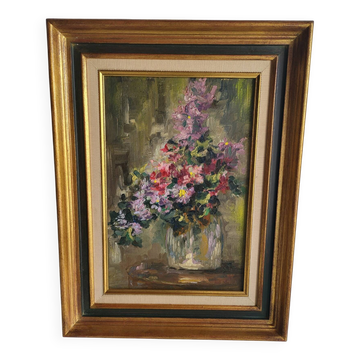 Still Life with Flower Bouquet Oil on Canvas Wooden Frame