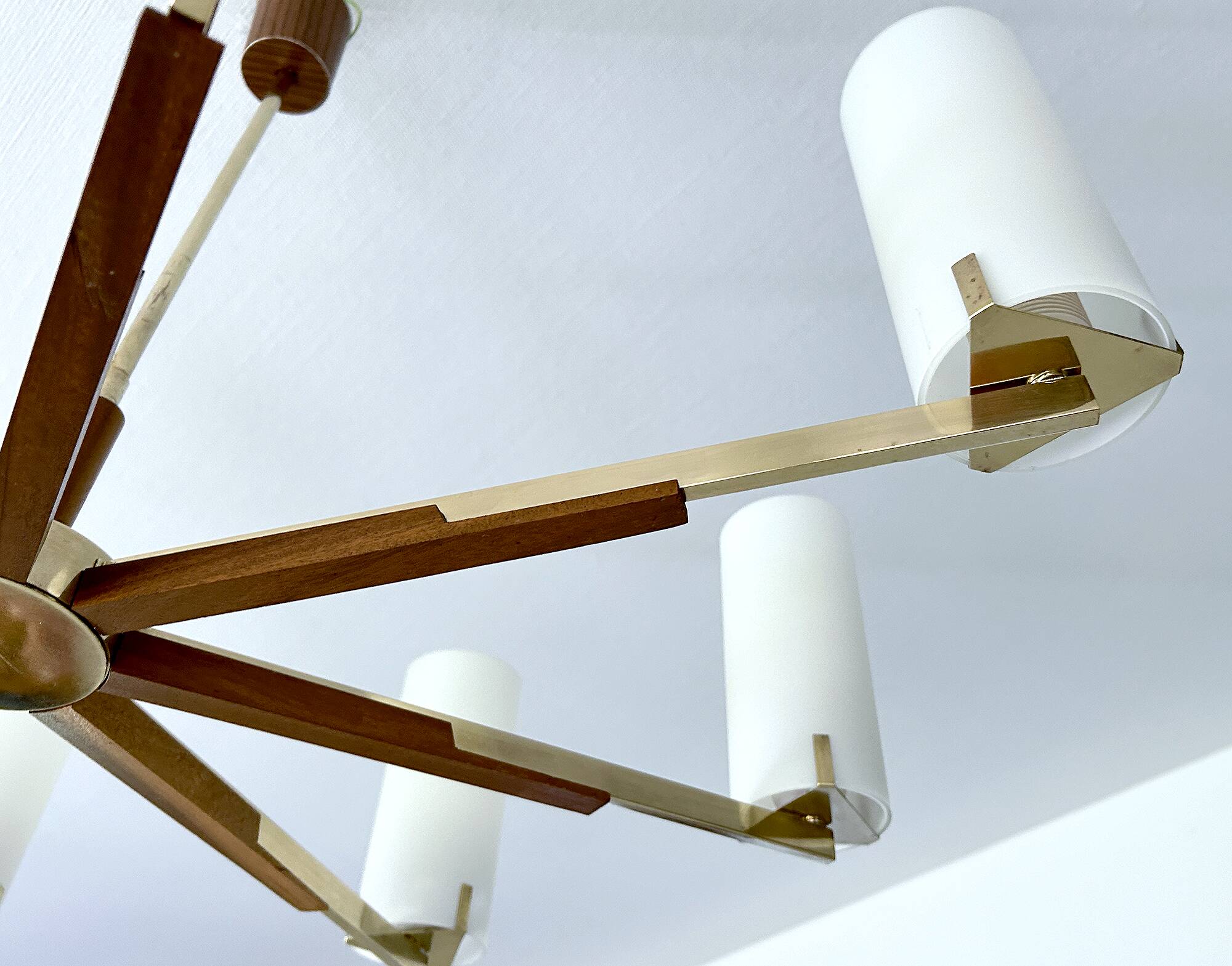 Grande suspension scandinave, teck, laiton et verre