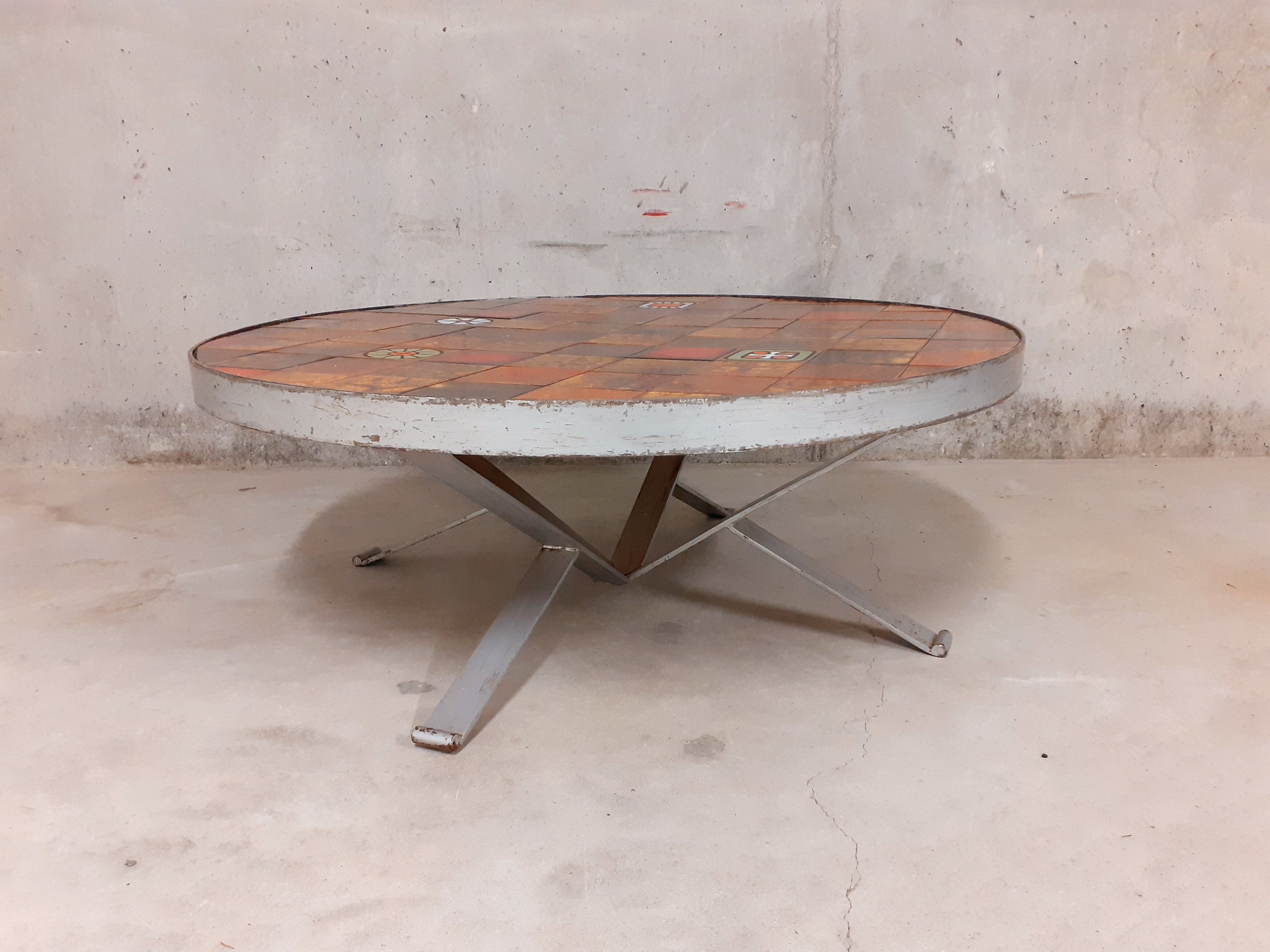 Vintage round coffee table roche-bobois in steel and ceramic 70s