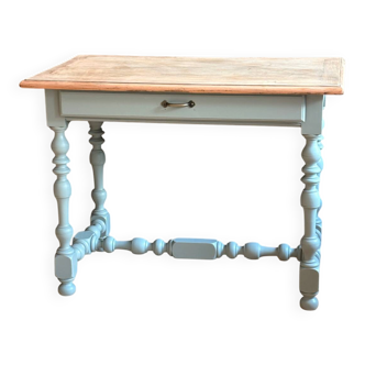 Oak desk from the early 20th century, raw wood and celadon.