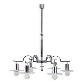 Art Deco chrome chandelier with 6 sandblasted glass discs, Czechoslovakia 1930s