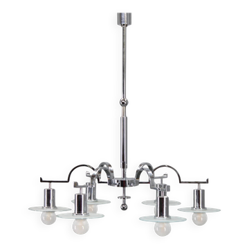 Lustre Art Déco chromé à 6 disques de verre sablé, Tchécoslovaquie, années 1930