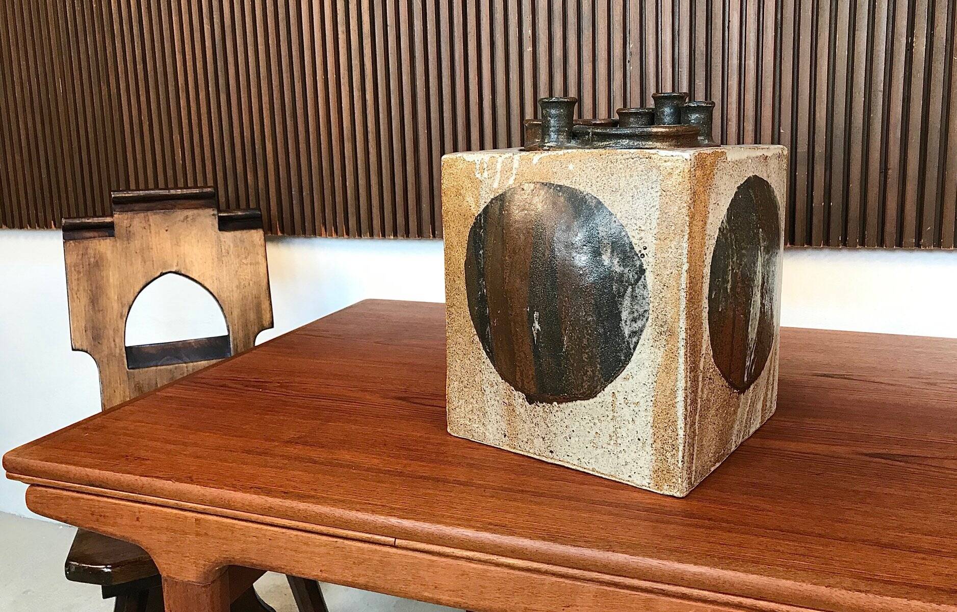 Brutalist ceramic art cube vase by Annette Merkenthaler, Germany 1960s