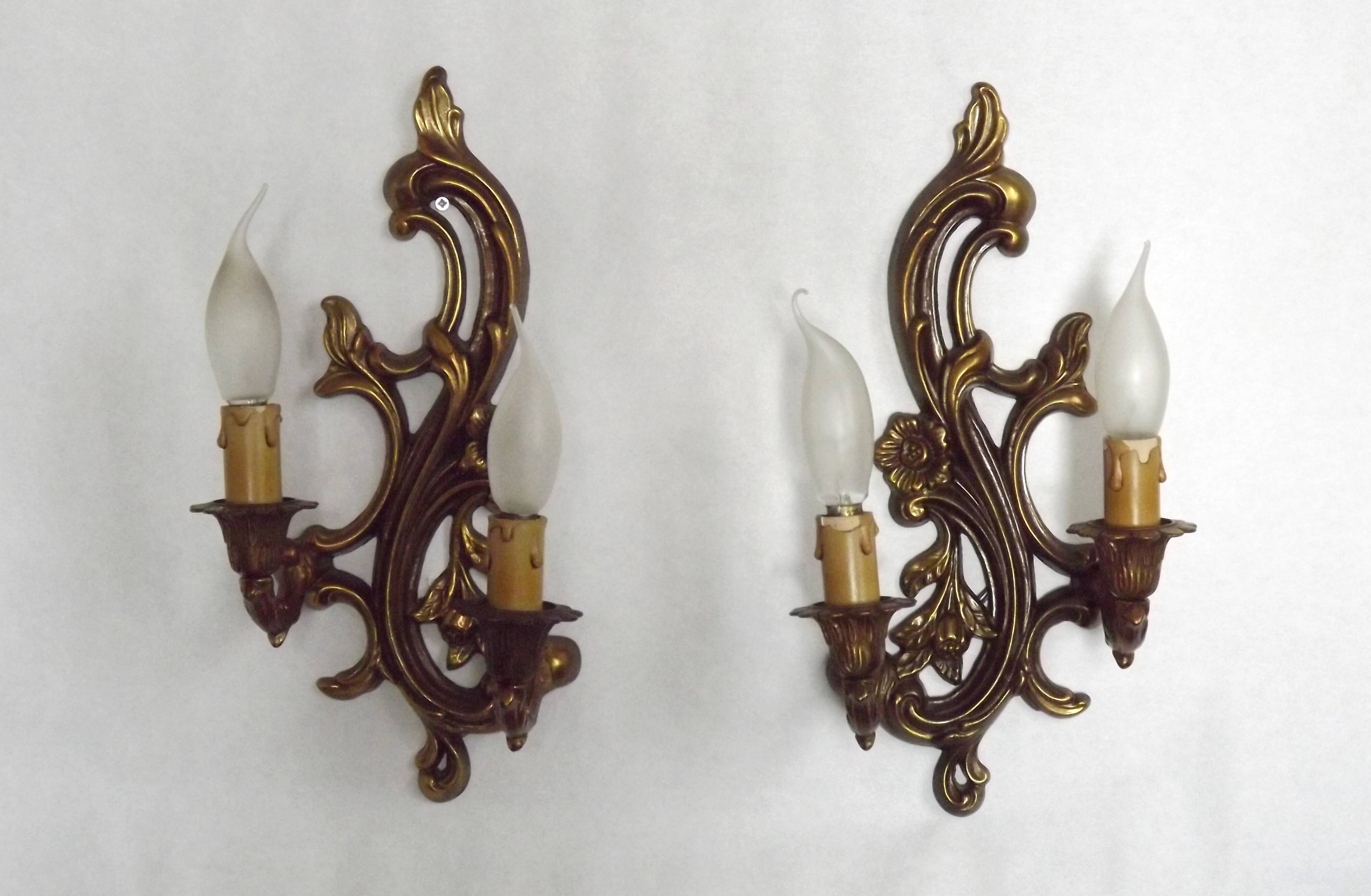 Pair Vintage French Bronze Double Wall Lights Acanthus Leaf & Flower Detail