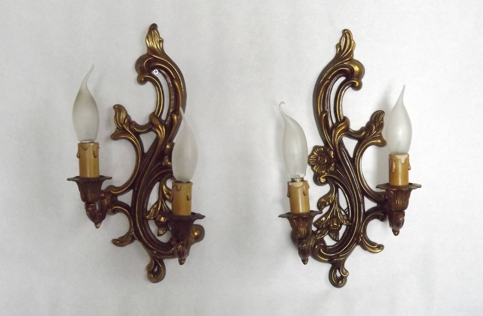 Pair Vintage French Bronze Double Wall Lights Acanthus Leaf & Flower Detail