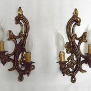 Pair Vintage French Bronze Double Wall Lights Acanthus Leaf & Flower Detail