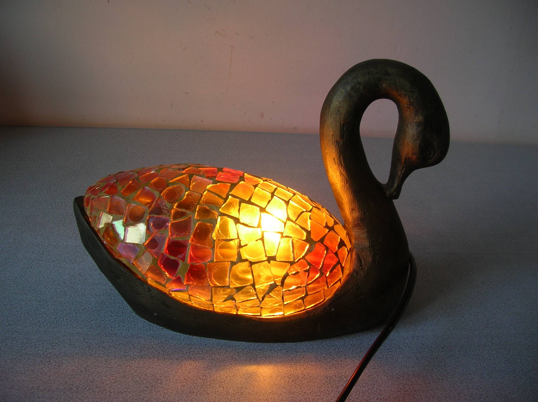 Night light lamp a swan in resin and stained glass glass deco office living room