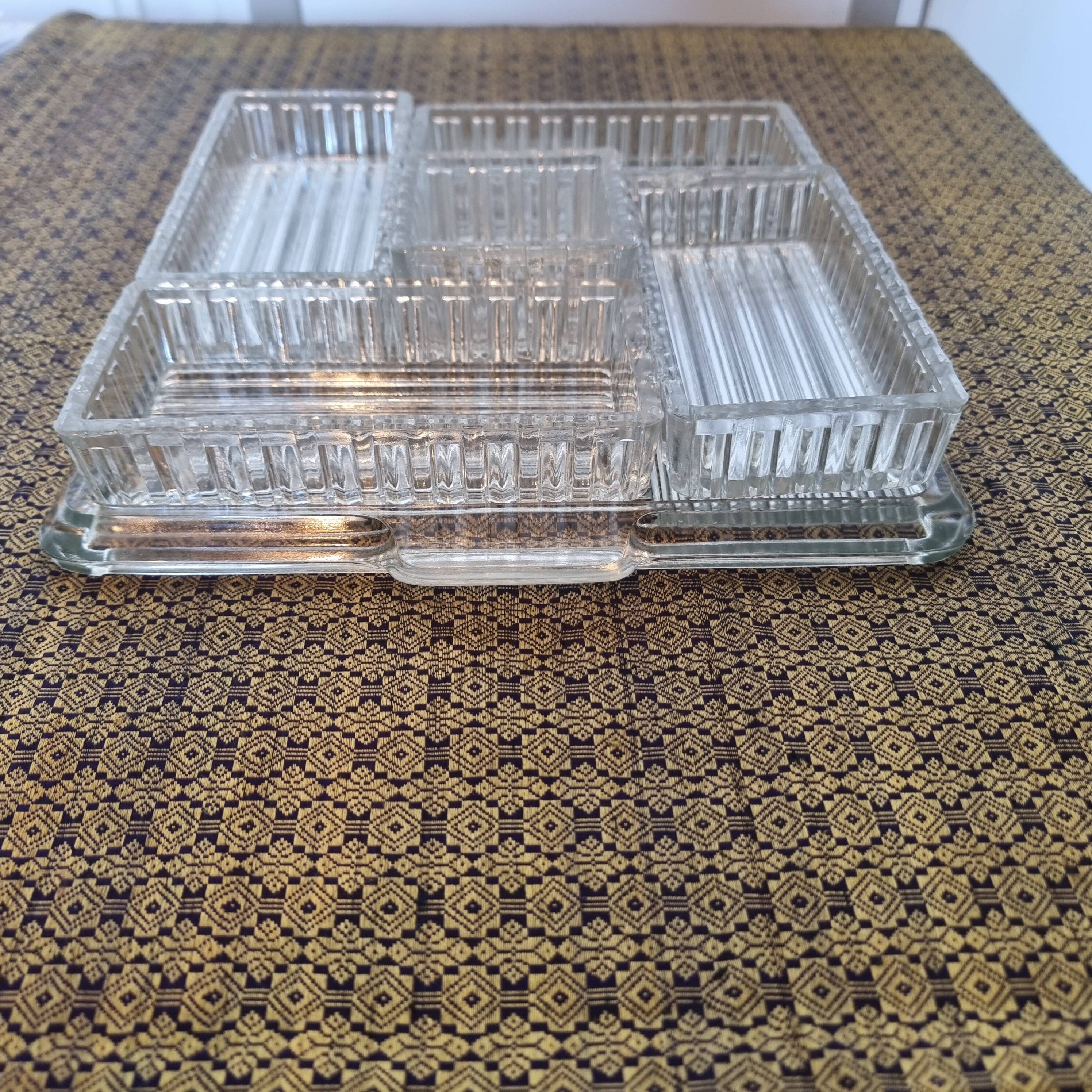 Large 6-piece aperitif tray in French molded rock crystal from the 50s and 60s