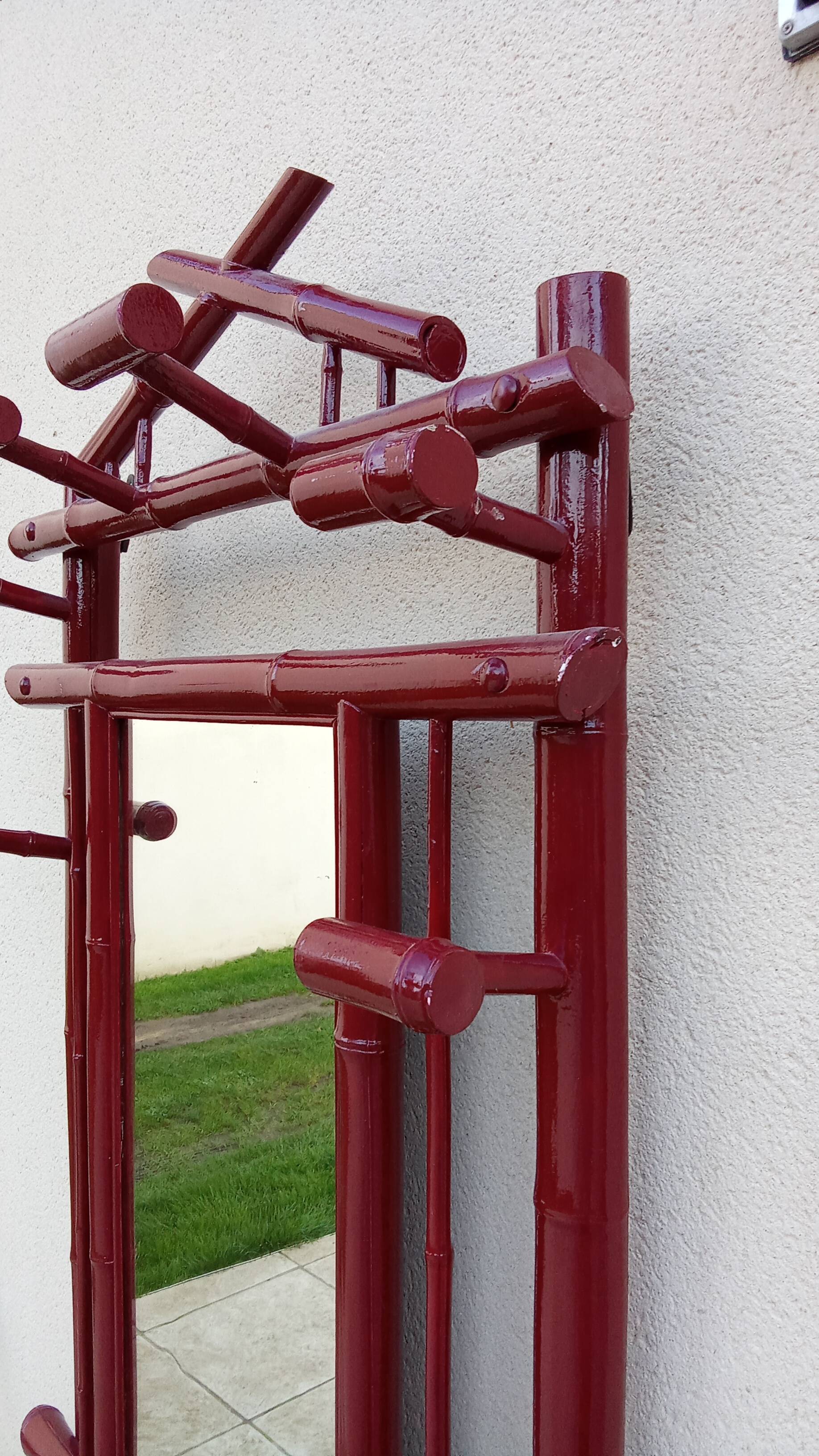 Old vintage red lacquered bamboo Asian coat rack