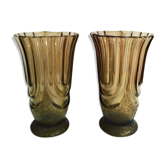 Paire vases verre fumée, scailmont modele luxor 1930 belgique