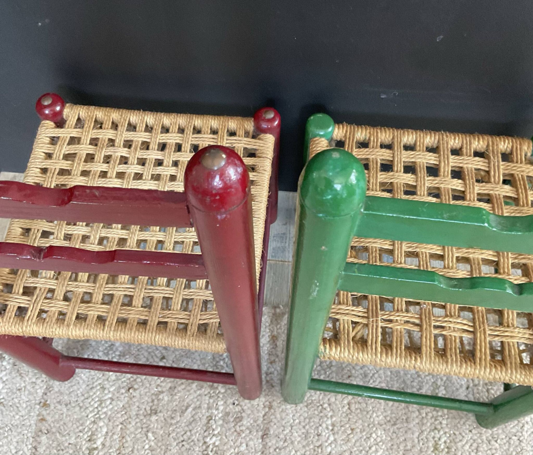 Vintage wooden and rope children's chair pair