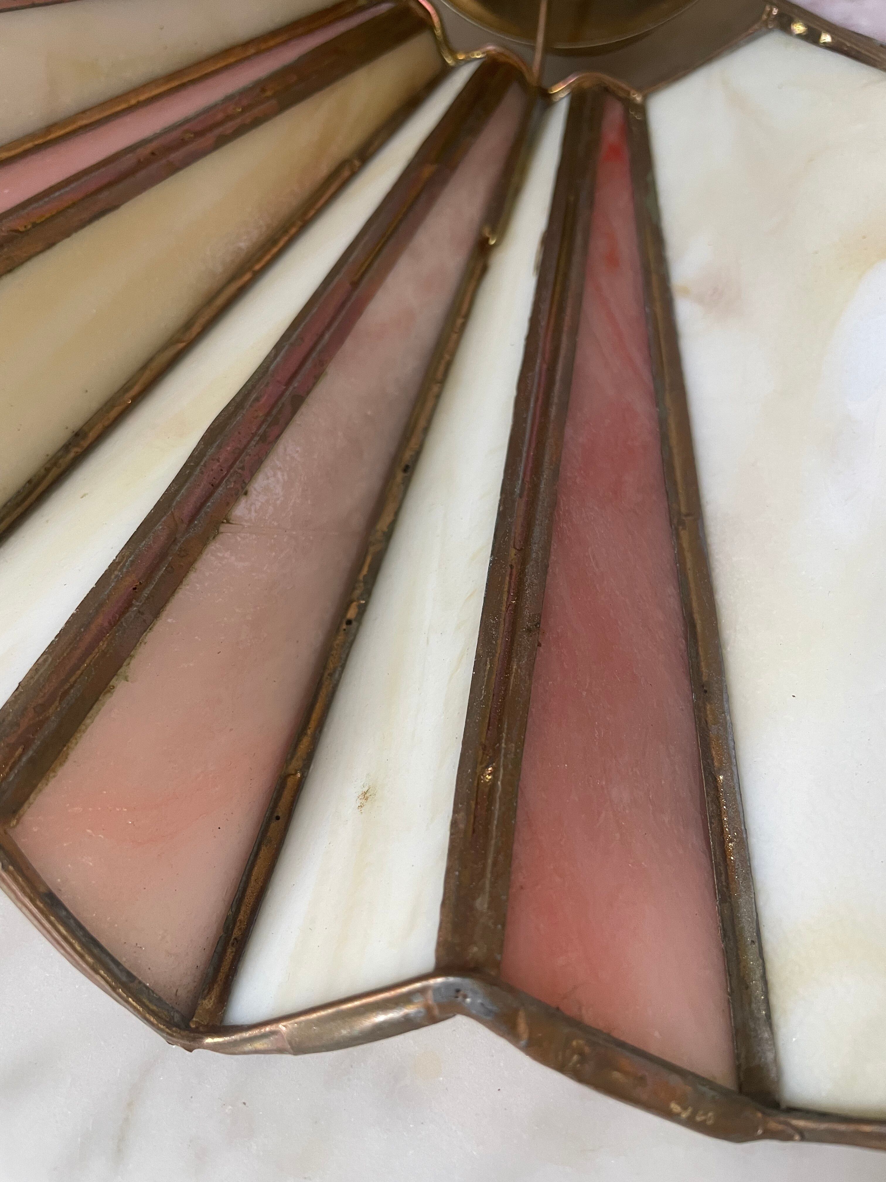 Vintage Tiffany suspension style, two-tone glass shade.