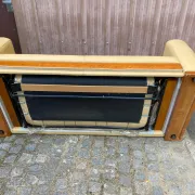Art Deco 3-seater convertible sofa in genuine beige leather and red fabric from the 1980s.