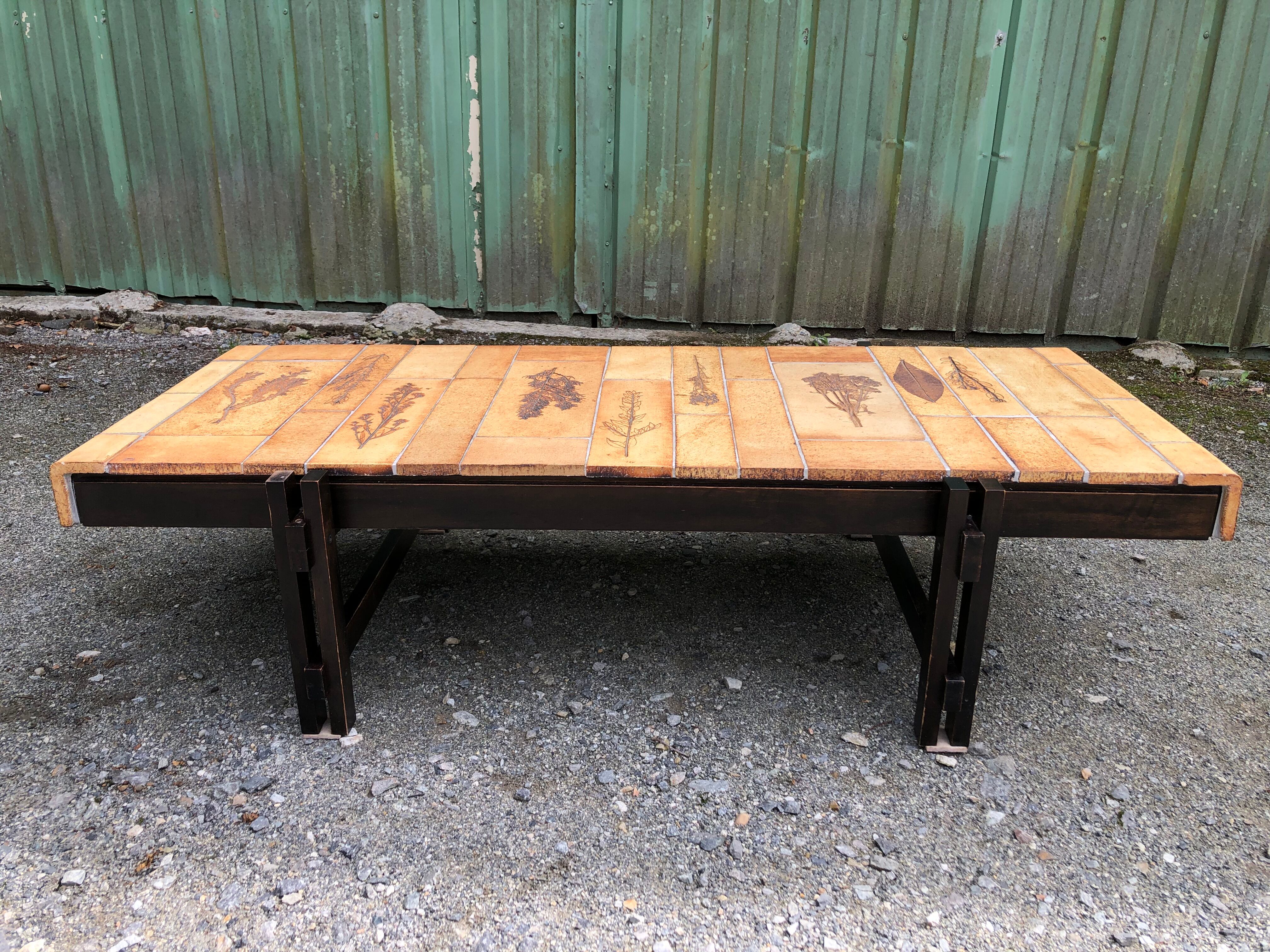 Vintage ceramic coffee table decorated with herbarium decoration Roger Capron