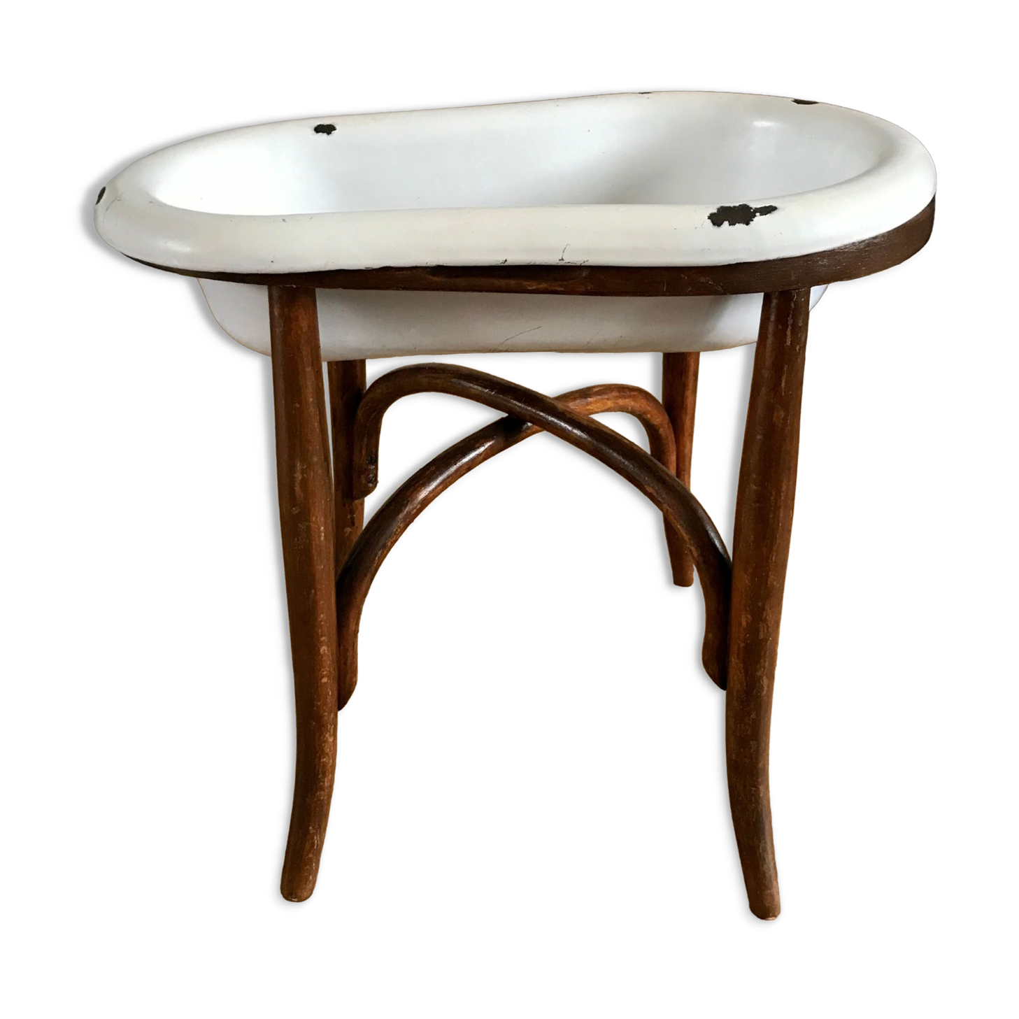 Old baby bean bathtub enamelled structure bent wood early twentieth century
