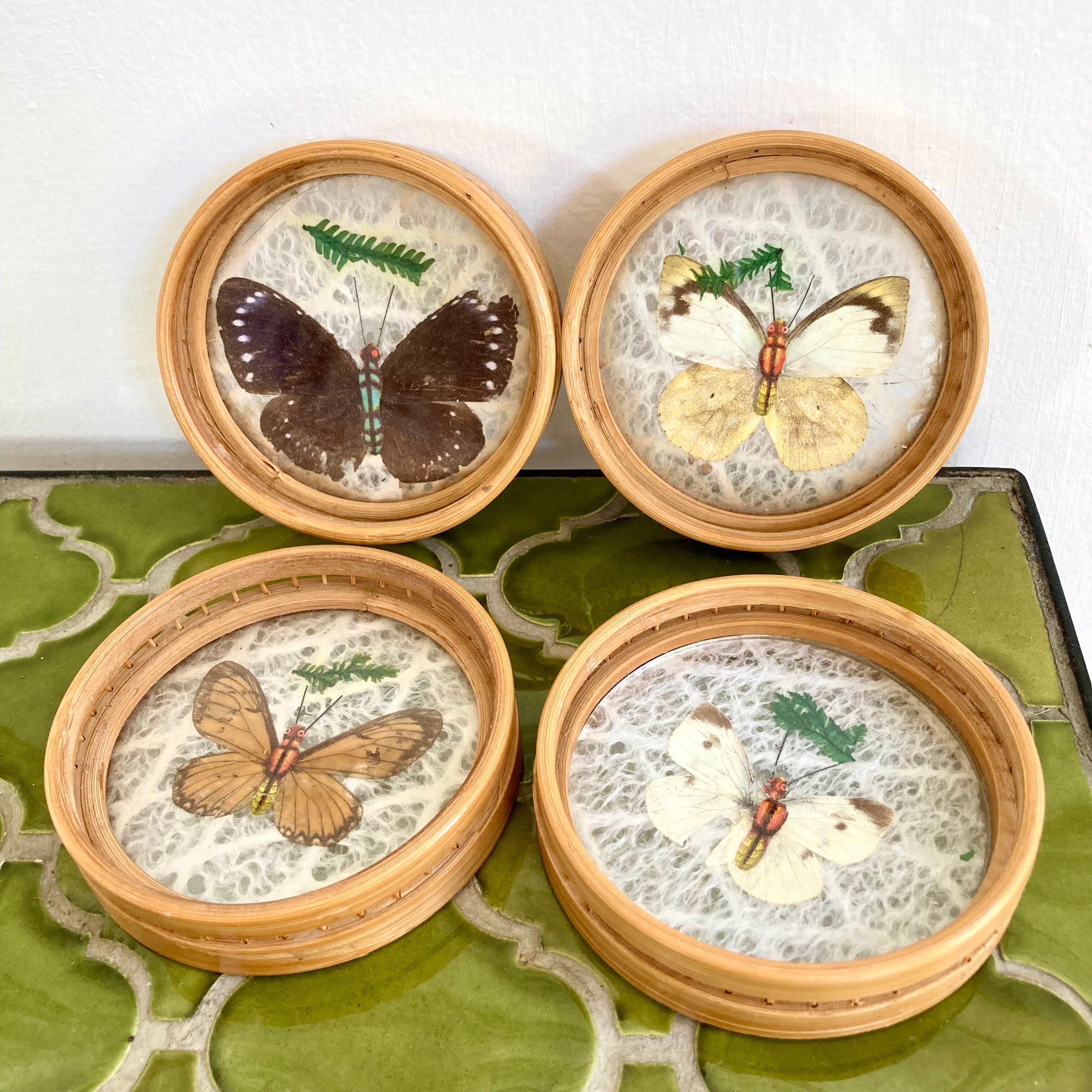 Bamboo butterfly tray and 6 vintage coasters