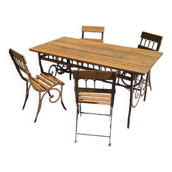 Salon de jardin bois chêne et fer forgé