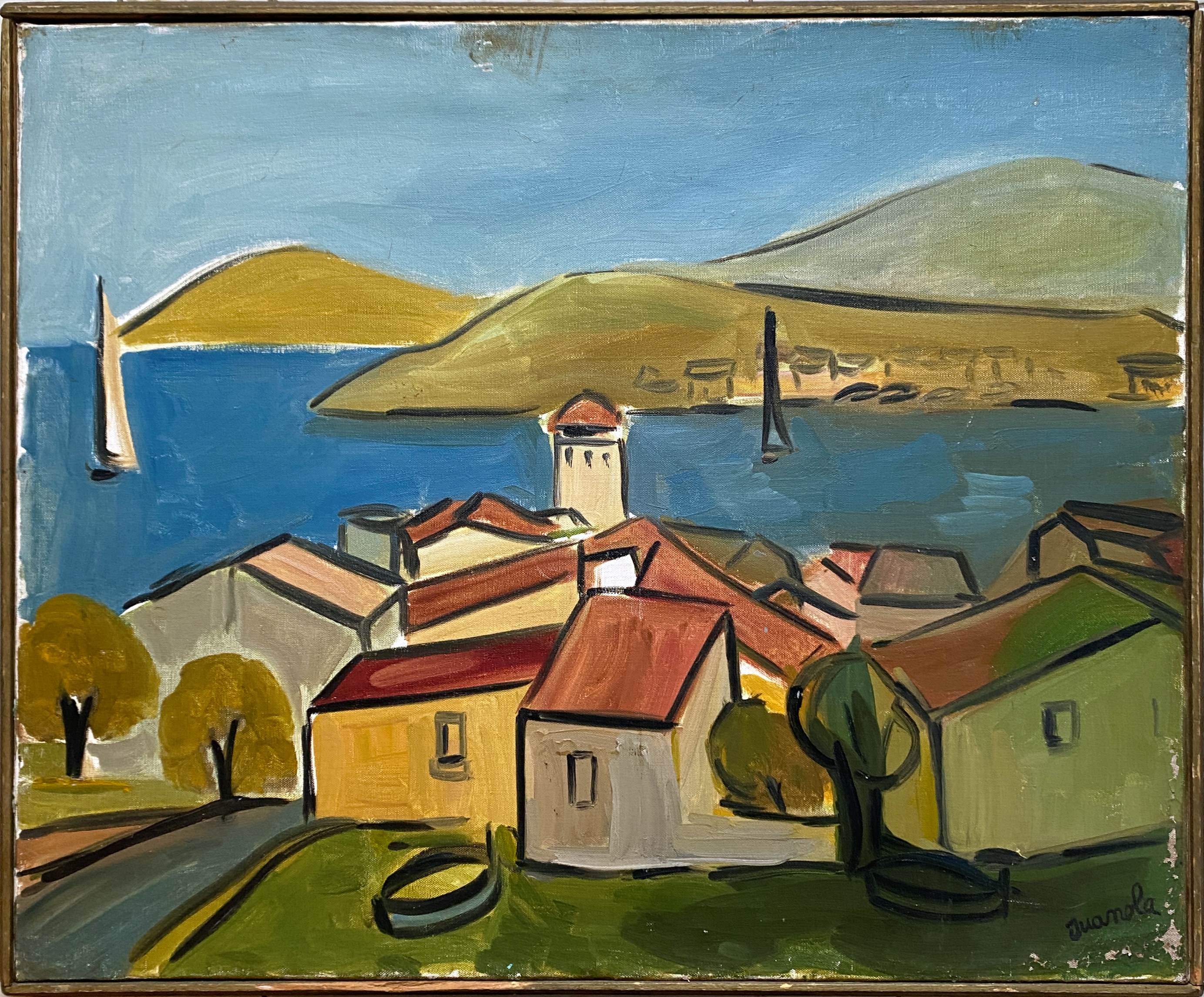 Painting "Village by the sea" made in oil on canvas signed Juanola