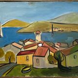 Painting "Village by the sea" made in oil on canvas signed Juanola
