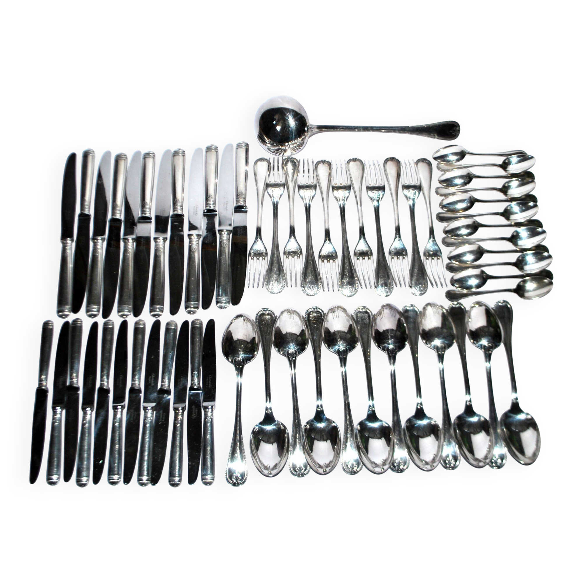 Christofle 68-piece silver-plated flatware set, Malmaison Empire table setting, with knives