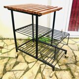 Modernist metal and teak serving trolley on wheels