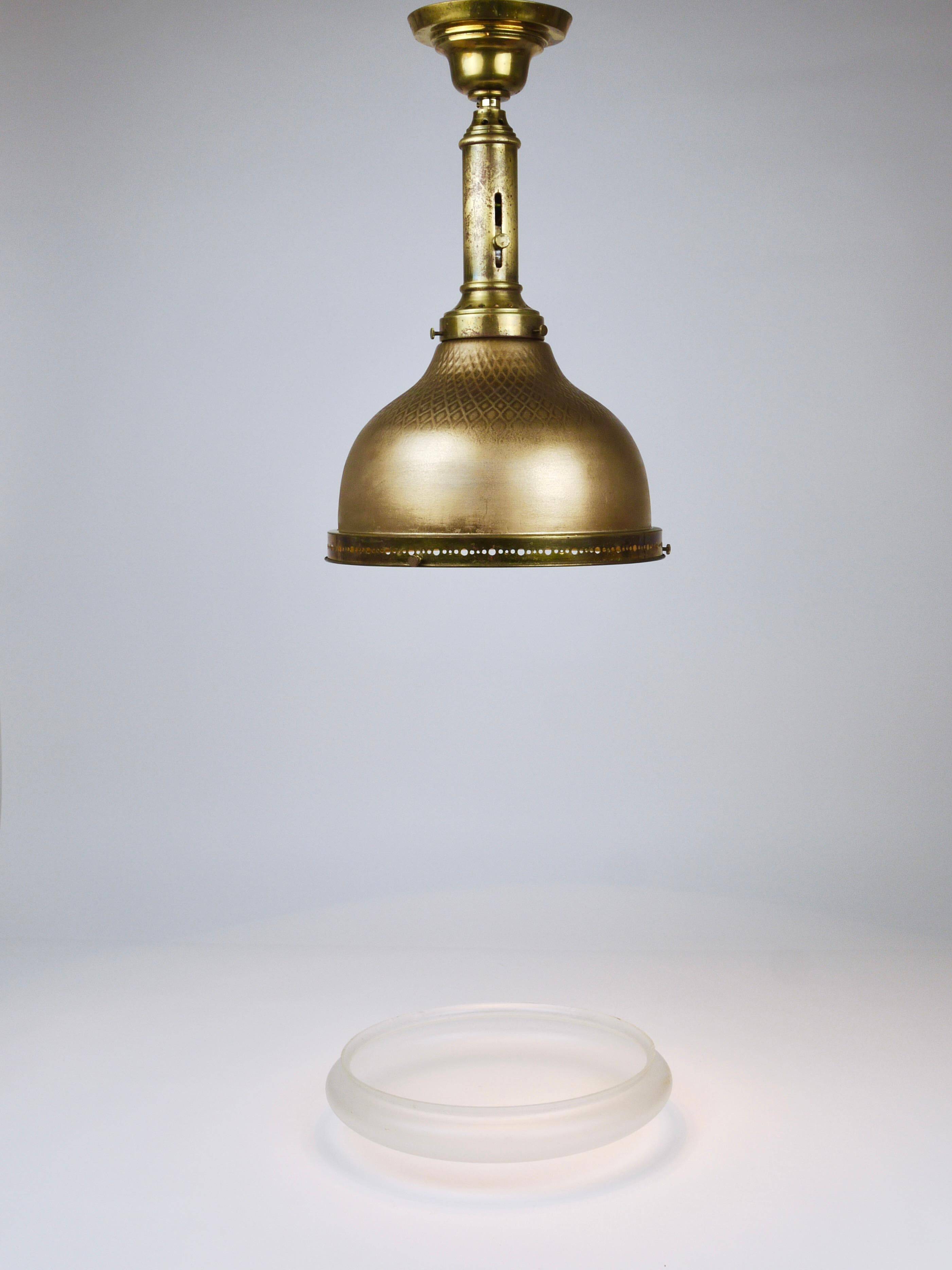 Art Nouveau pendant lamp in brass and glass from the 1920s, ceiling light, Jena, Germany.