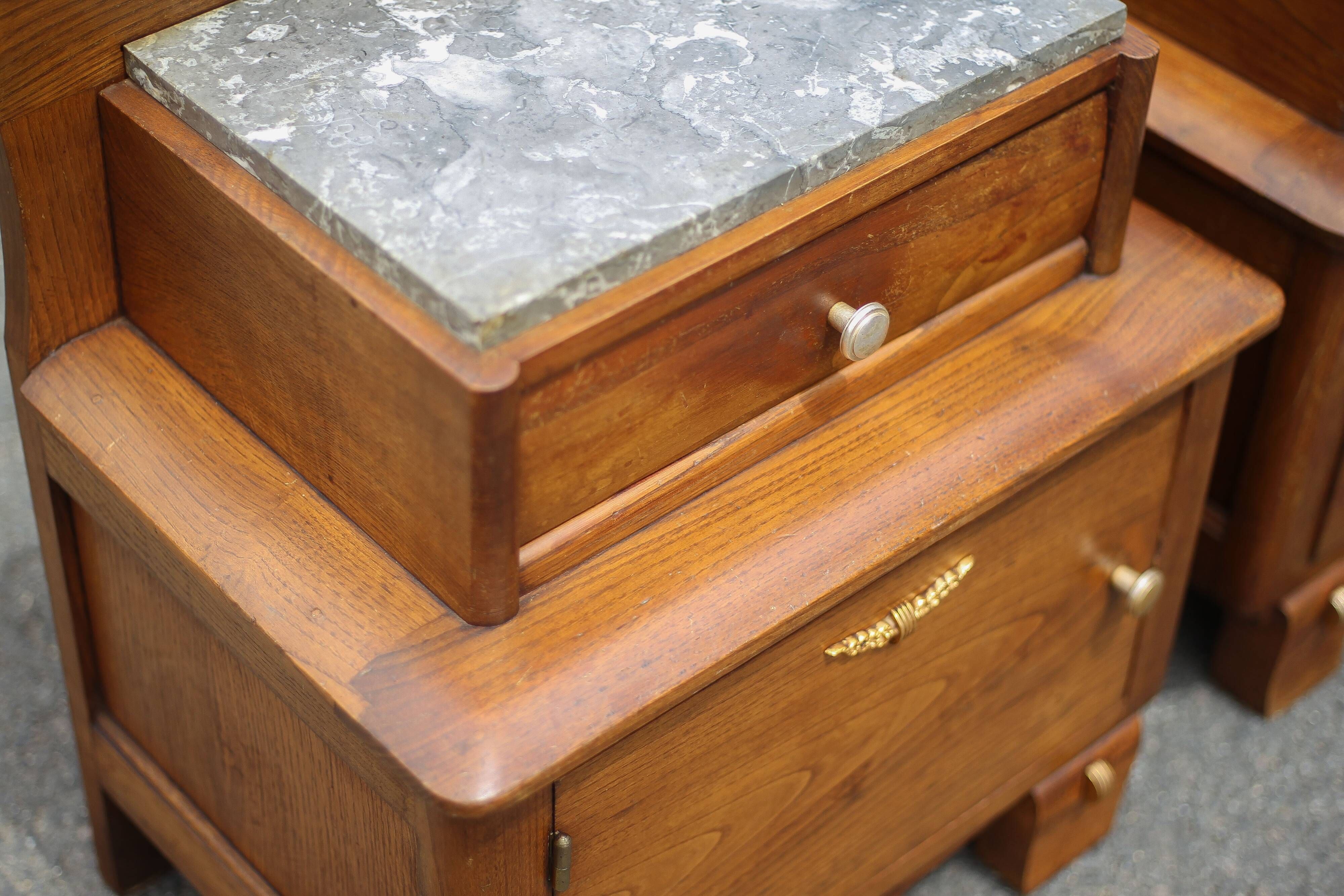 Pair of wooden nightstands, art deco style wooden bedside table, wood and marble table