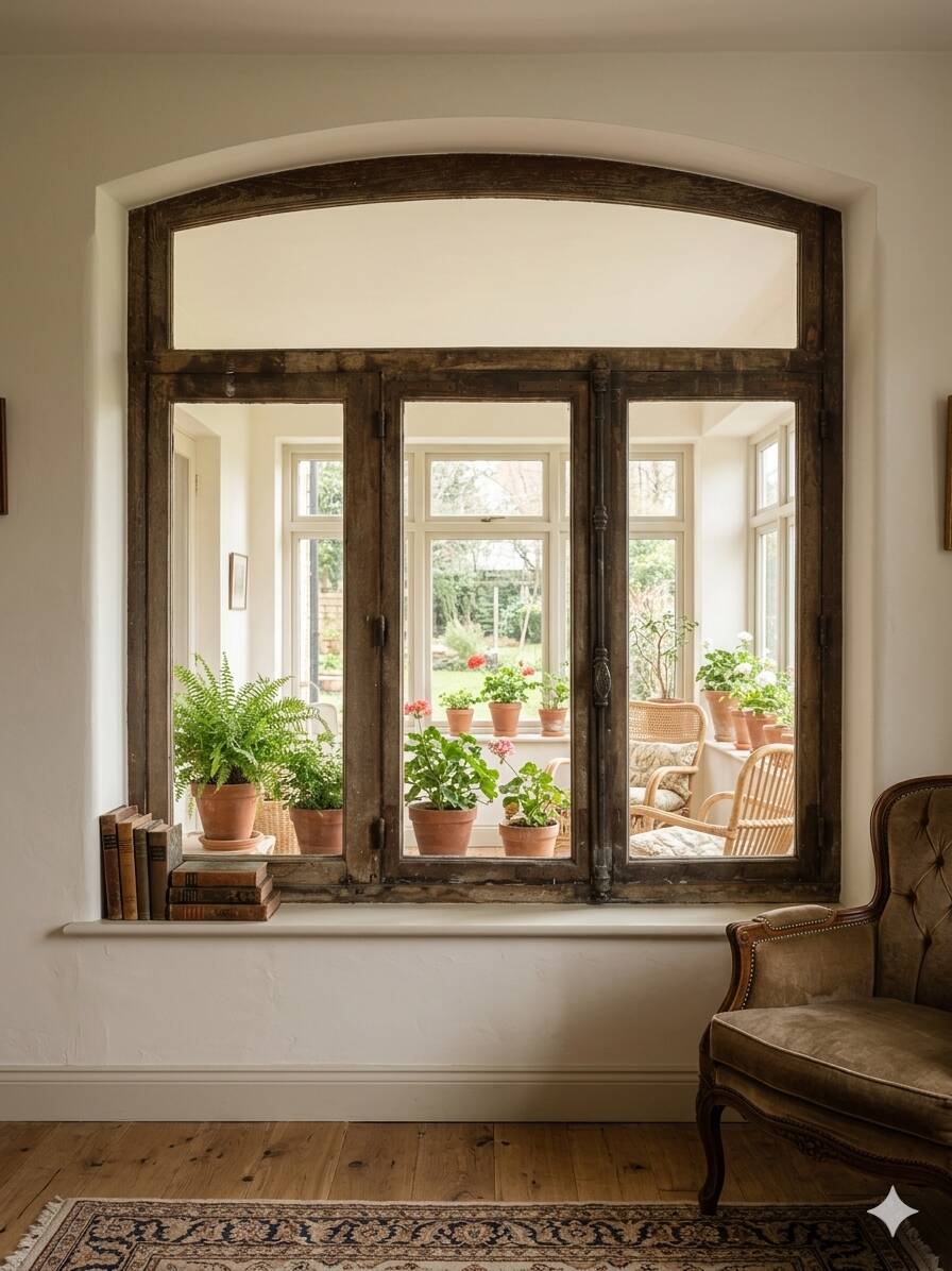 Old solid oak window from the early 20th century.