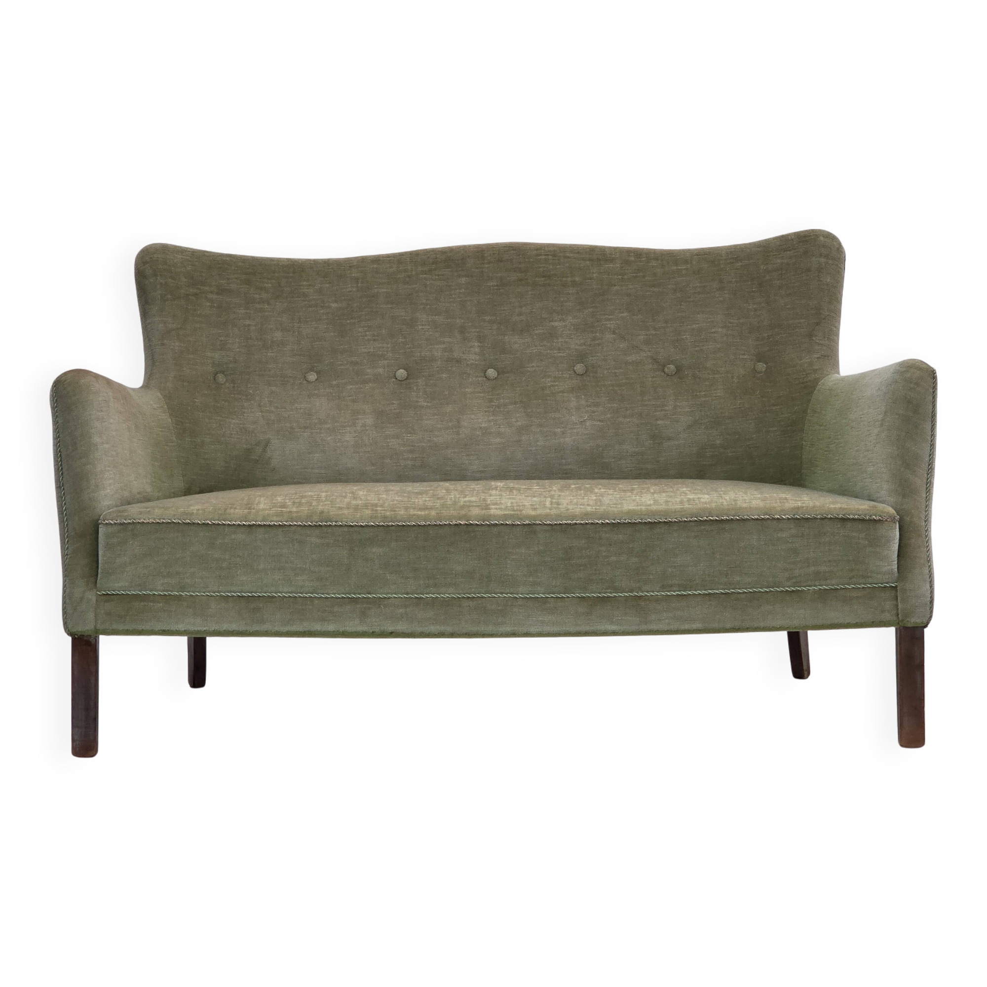 1960s, Danish curved 2-seater sofa, furniture velour, beech wood.