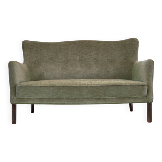 1960s, Danish curved 2-seater sofa, furniture velour, beech wood.