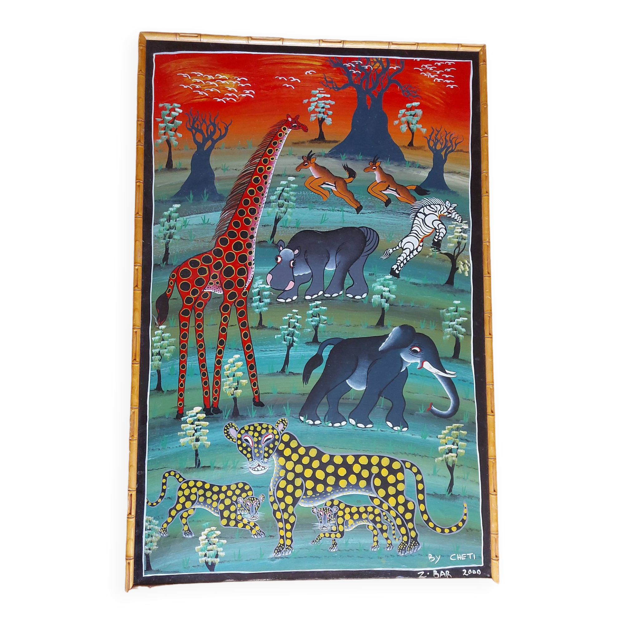 Grande huile sur toile art africain TingaTinga , Zanzibar , Tanzanie , Cheti