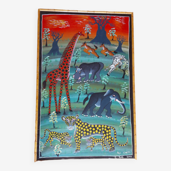 Large oil on canvas African art TingaTinga, Zanzibar, Tanzania, Cheti