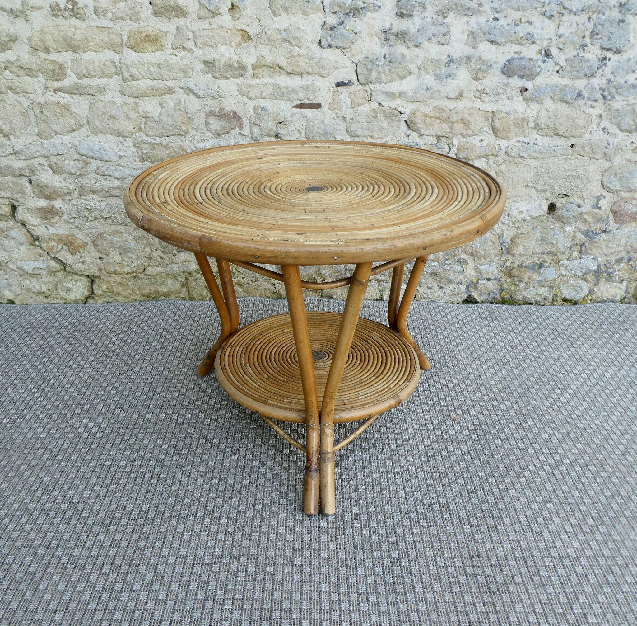 Rattan coffee table, tripod, with double top, 1960s