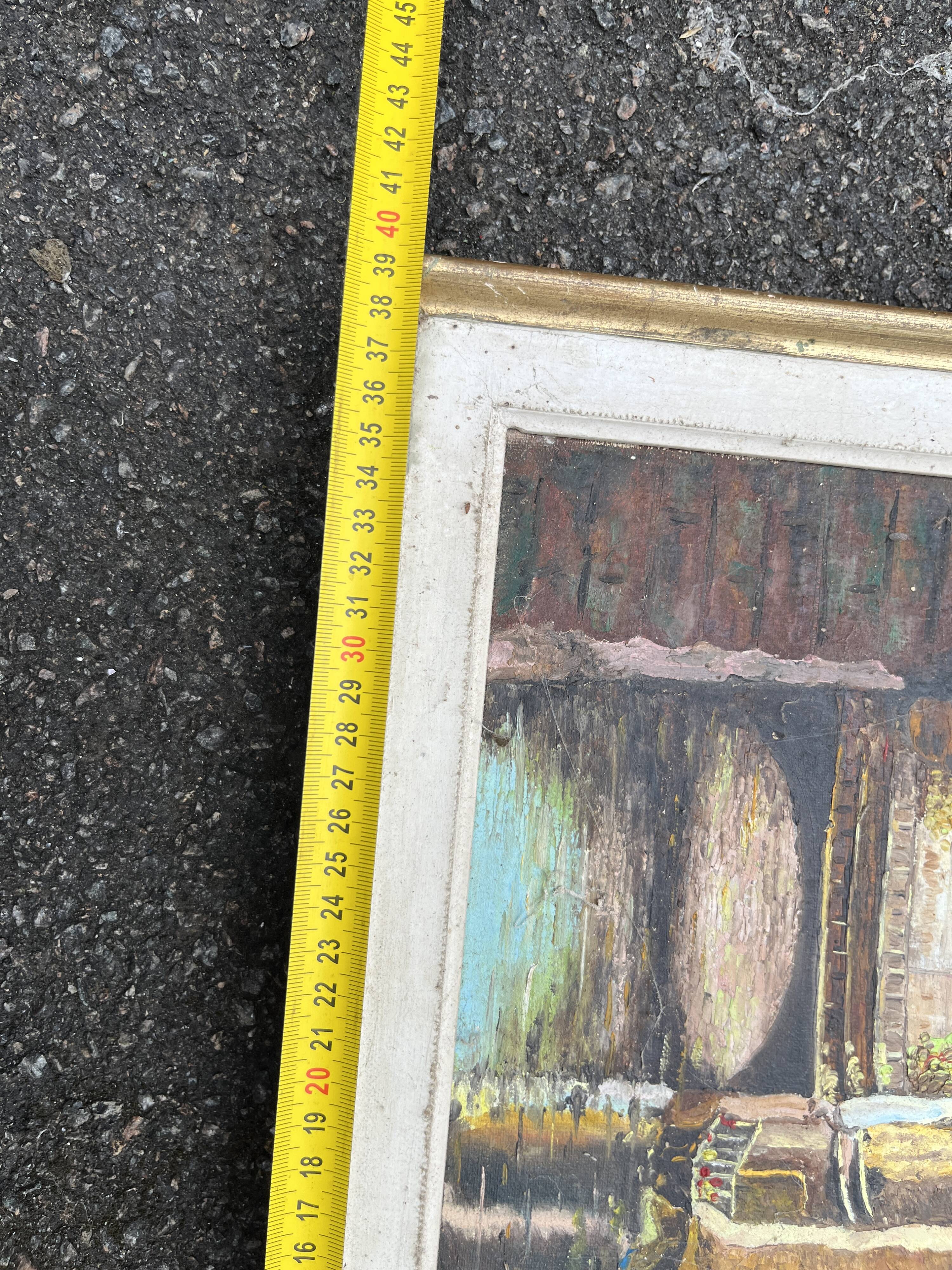 Antique painting – Medieval village scene by the water, signed
