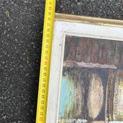 Antique painting – Medieval village scene by the water, signed