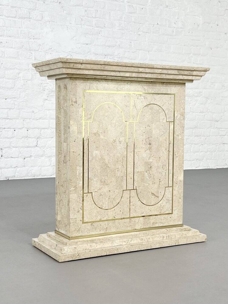 Ensemble console et miroir des années 80 en marqueterie de pierre et laiton