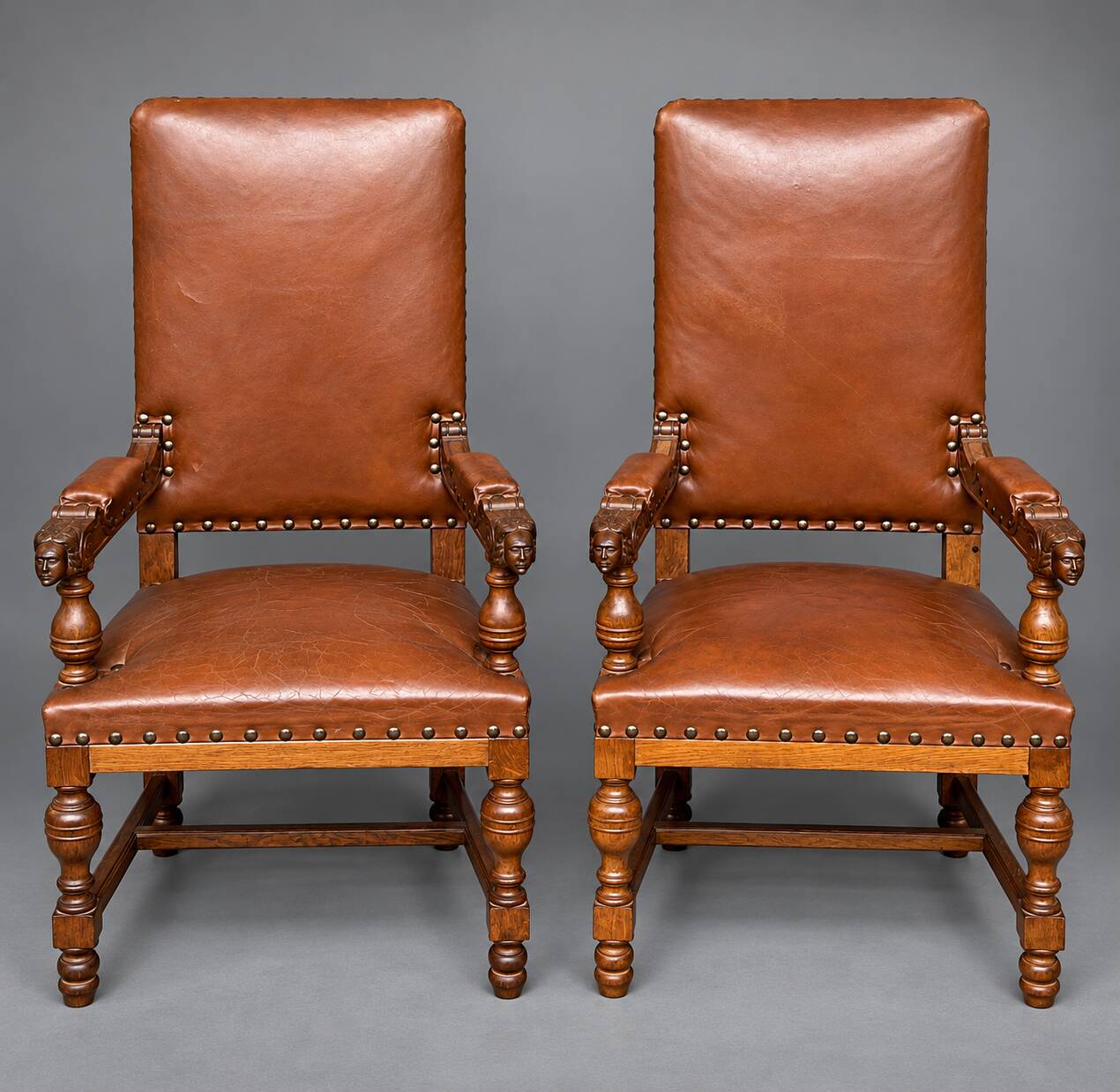 Pair of Renaissance armchairs. Carved solid oak. Holland. Late 19th century.