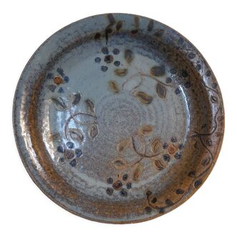 Glazed stoneware serving dish floral decoration signed Lefevre G 1981