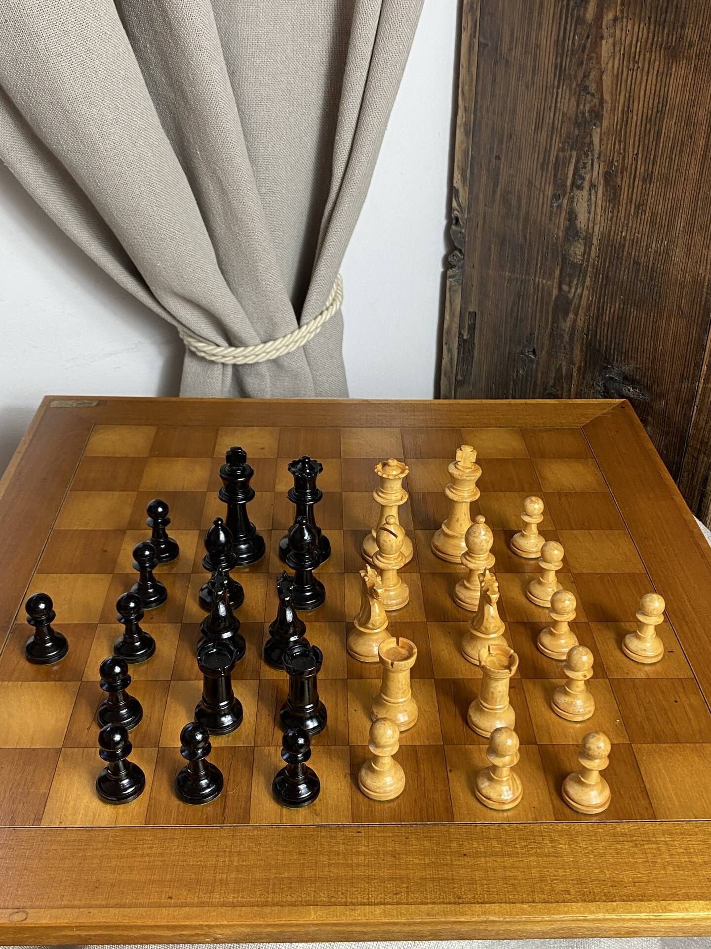 Chess set with wooden board and pieces