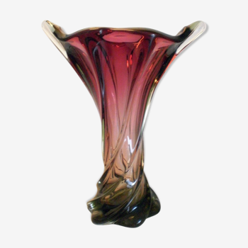 Vase art nouveau en verre torsadé bicolore, années 1940