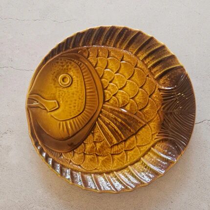 Lot de 4 assiettes plates à poisson céramique marron Digoin Sarreguemines