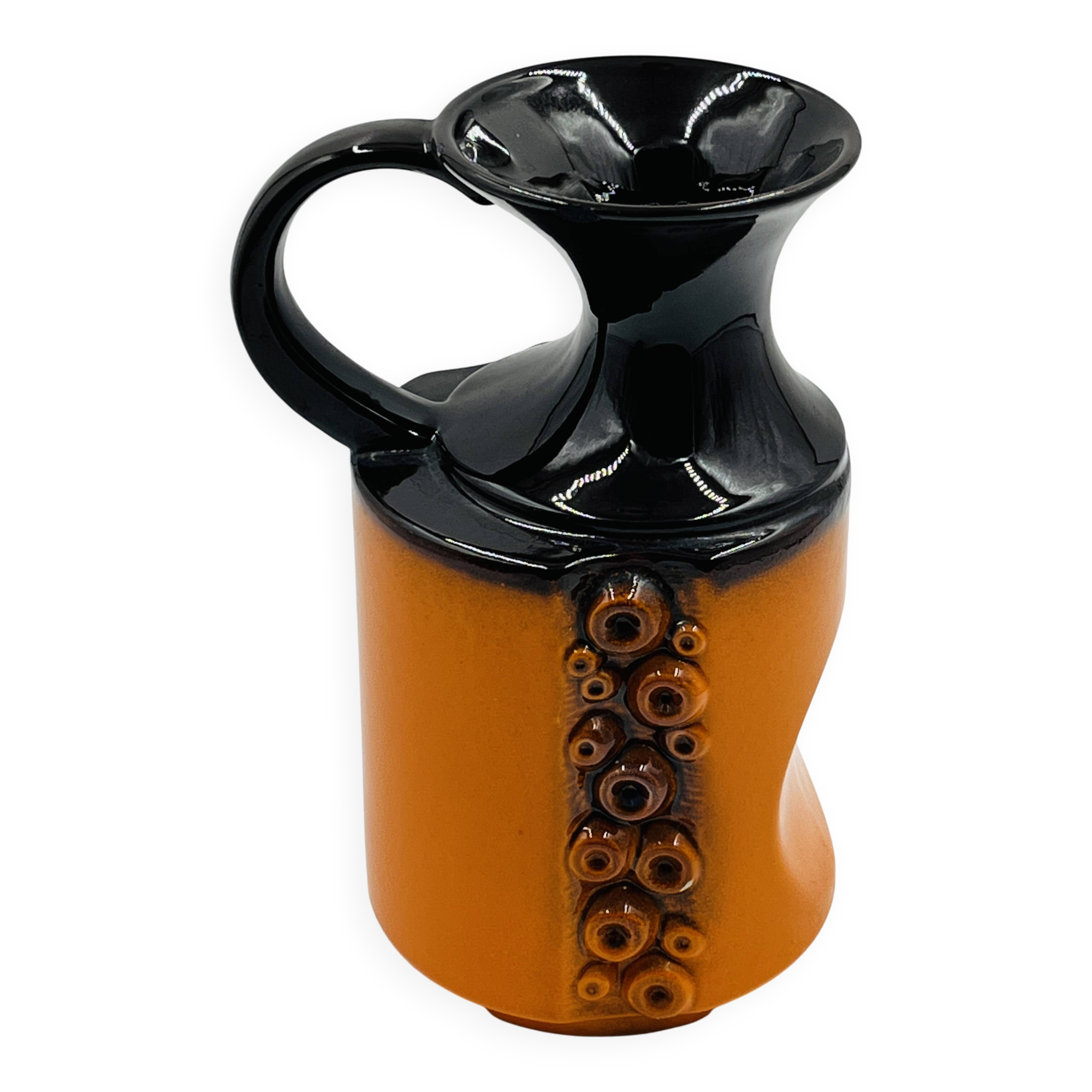 Modernist vase design, orange ceramic with relief cabochons from the 1970s.