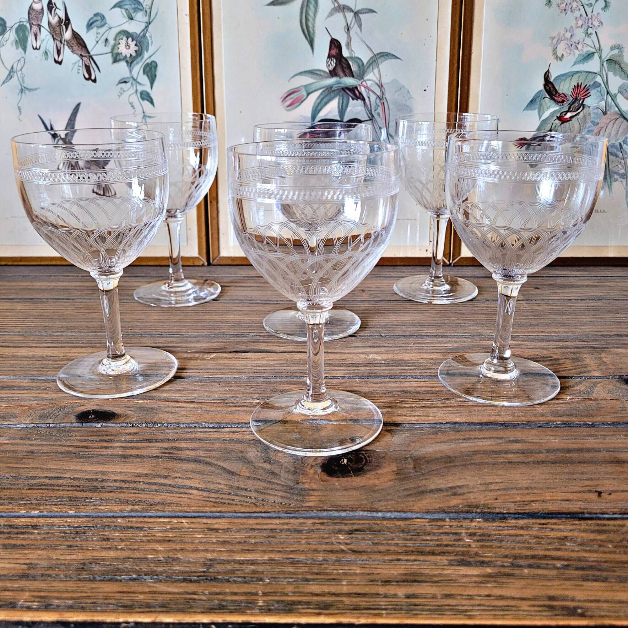 Guilloché crystal water (or wine) glasses, 19th-20th century (set of 6)
