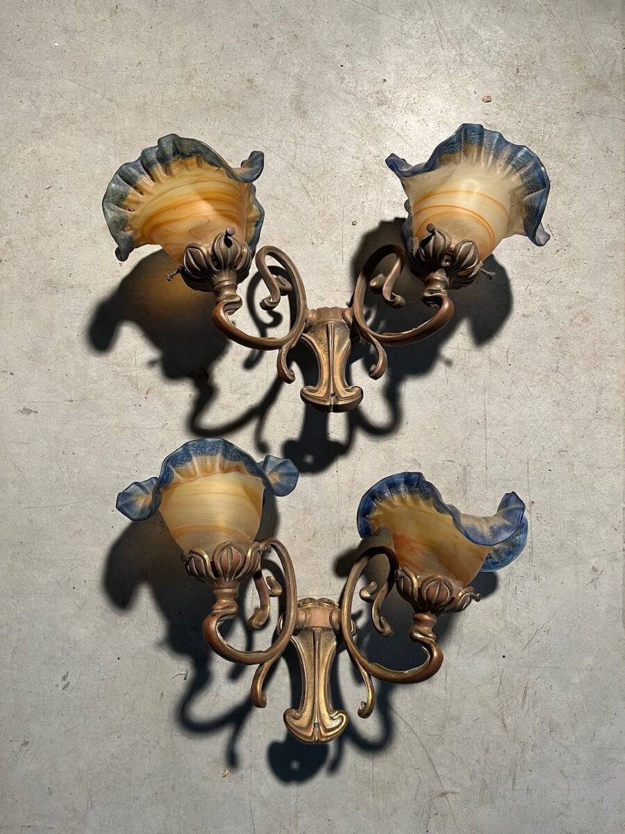 Pair of glass paste wall lights in Art Nouveau style signed Viamme.
