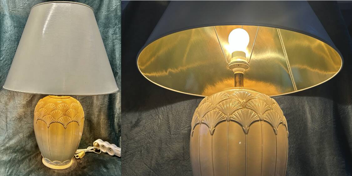 Pair of cream ceramic lamps, 1980s, art deco style, Miami light 73